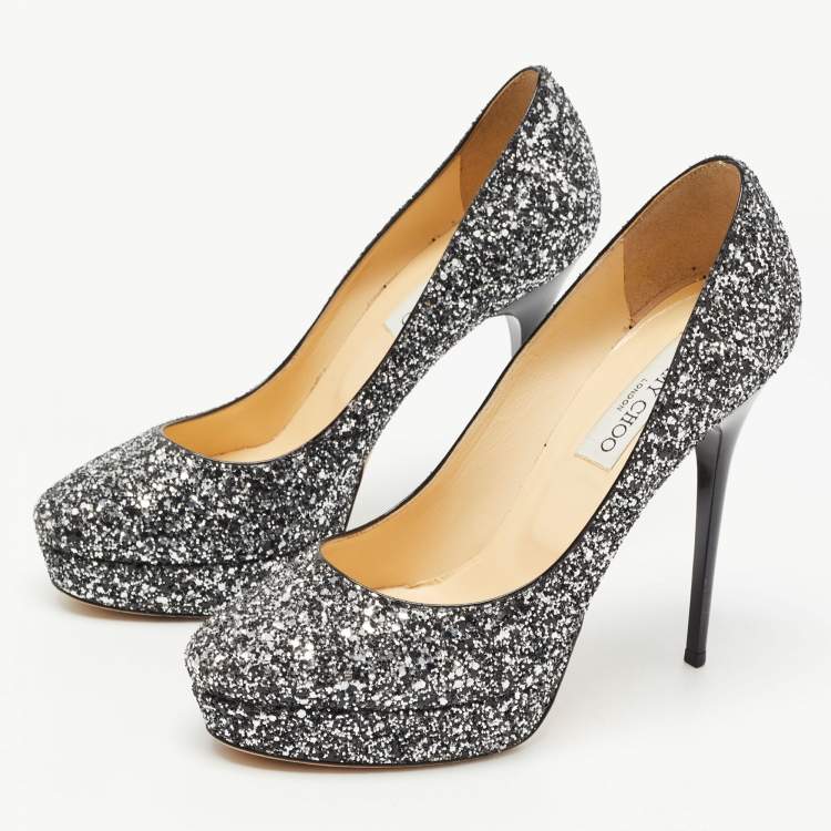 Pre Owned Jimmy Choo Silver/Black Coarse Glitter Eros Platform Pumps Size 39.5