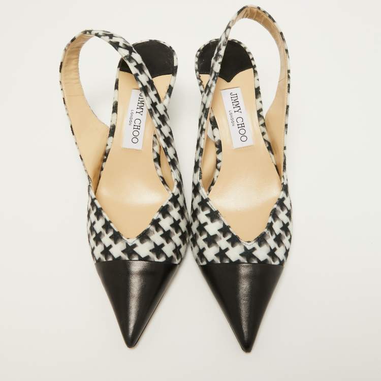Pre Owned Jimmy Choo White/Black Houndstooth Felt and Leather Liya Slingback Pumps Size 40