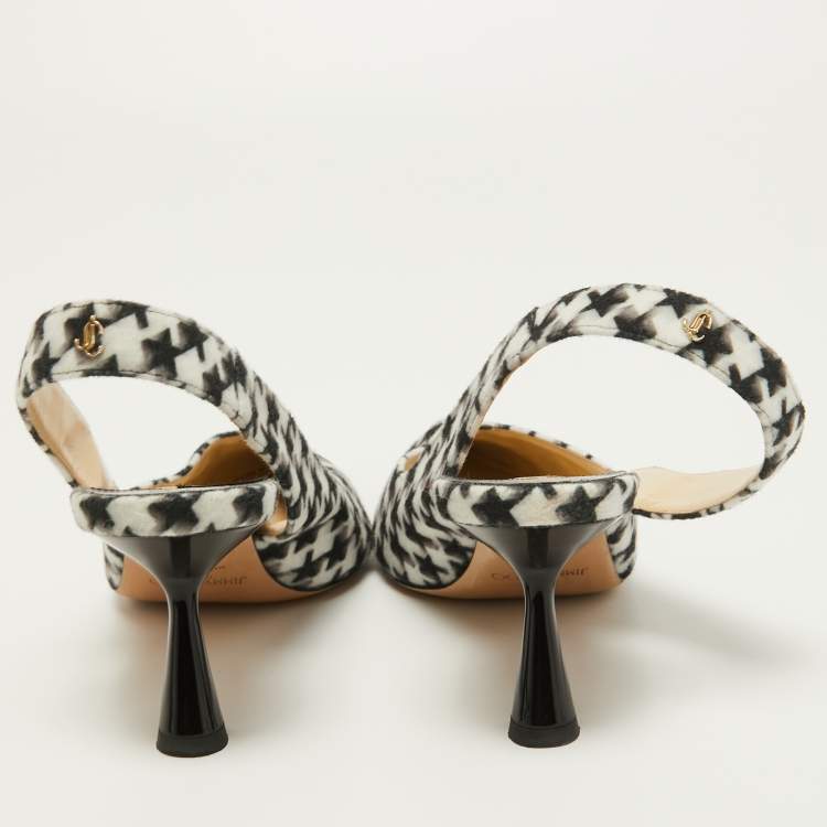 Pre Owned Jimmy Choo White/Black Houndstooth Felt and Leather Liya Slingback Pumps Size 40