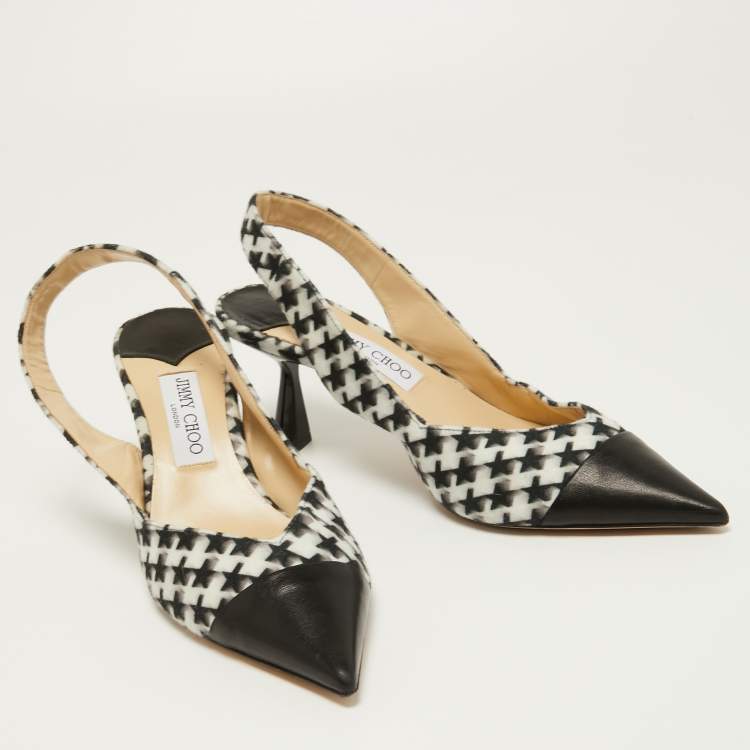 Pre Owned Jimmy Choo White/Black Houndstooth Felt and Leather Liya Slingback Pumps Size 40
