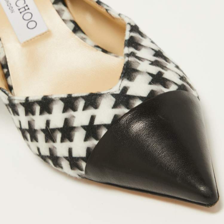 Pre Owned Jimmy Choo White/Black Houndstooth Felt and Leather Liya Slingback Pumps Size 40