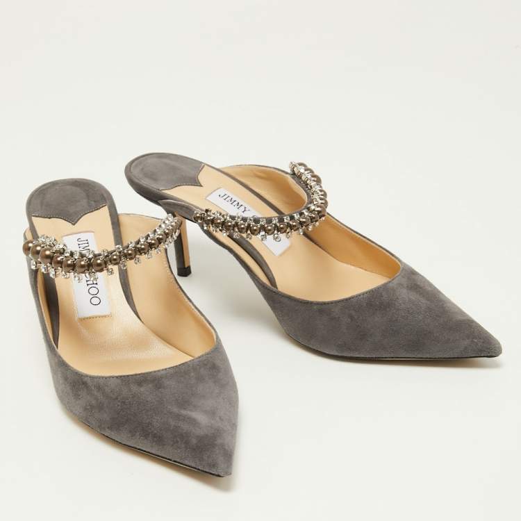 Pre Owned Jimmy Choo Grey Suede Bing Crystal Embellished Pointed Toe Mules Size 38