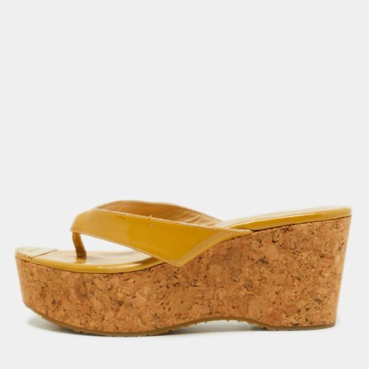 Pre Owned Jimmy Choo Yellow Patent Leather Cork Wedge Thong Sandals Size 35.5