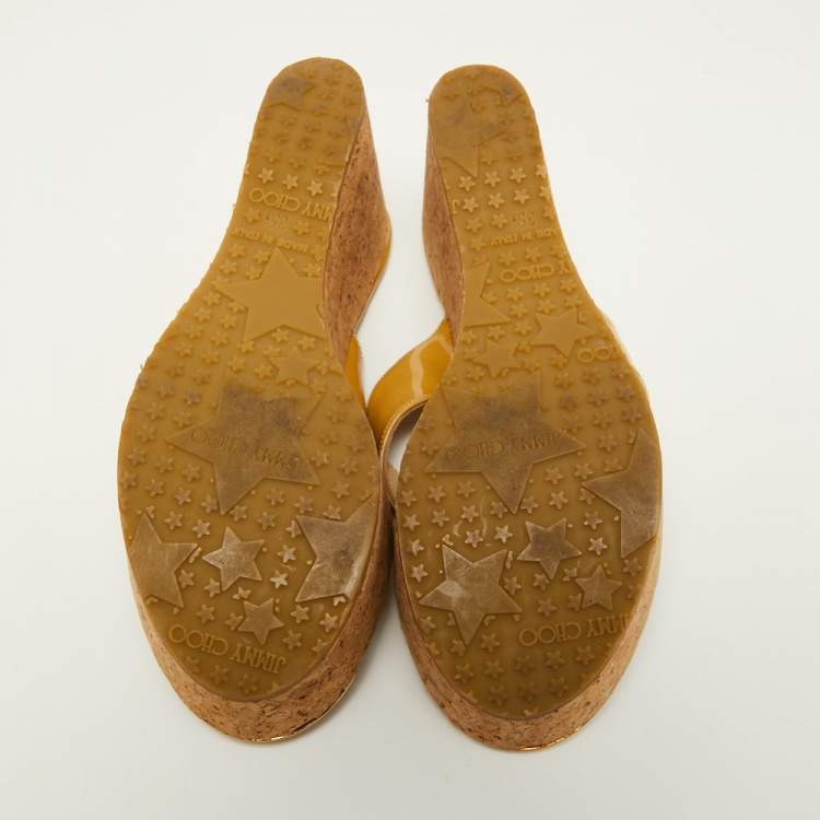Pre Owned Jimmy Choo Yellow Patent Leather Cork Wedge Thong Sandals Size 35.5
