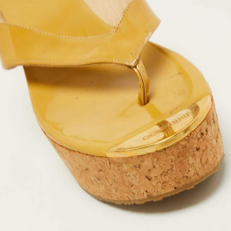 Pre Owned Jimmy Choo Yellow Patent Leather Cork Wedge Thong Sandals Size 35.5