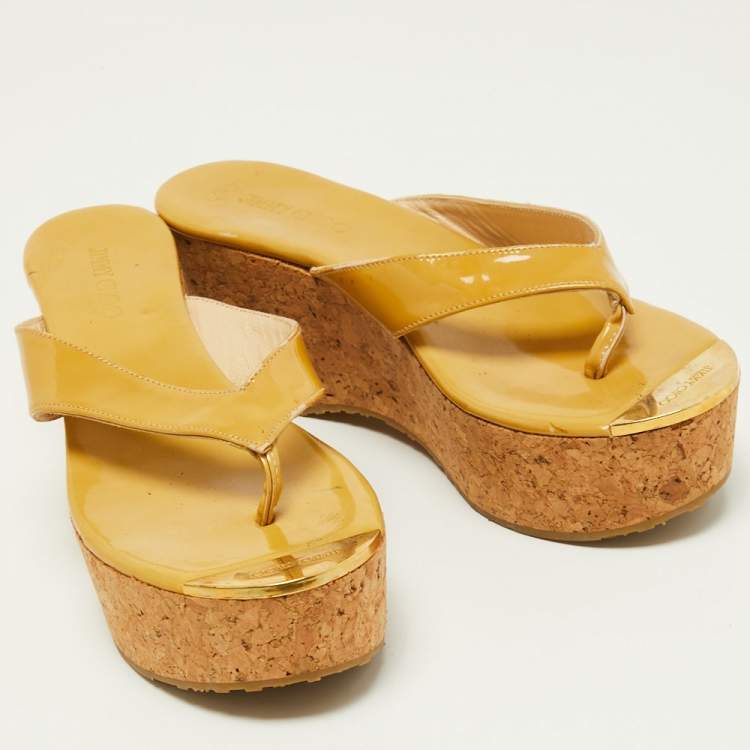 Pre Owned Jimmy Choo Yellow Patent Leather Cork Wedge Thong Sandals Size 35.5