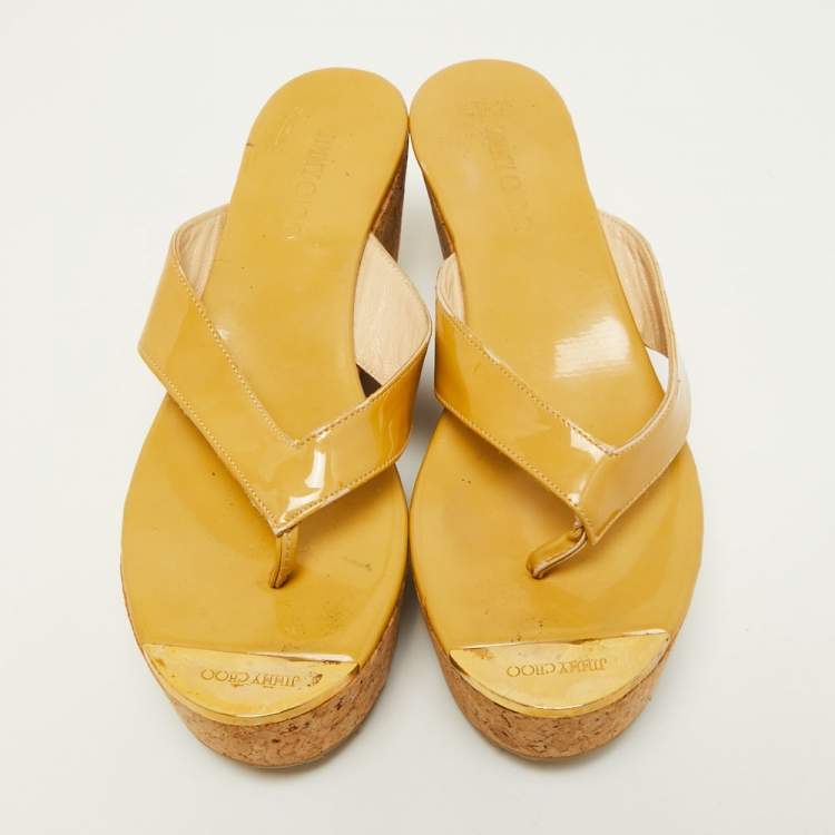 Pre Owned Jimmy Choo Yellow Patent Leather Cork Wedge Thong Sandals Size 35.5