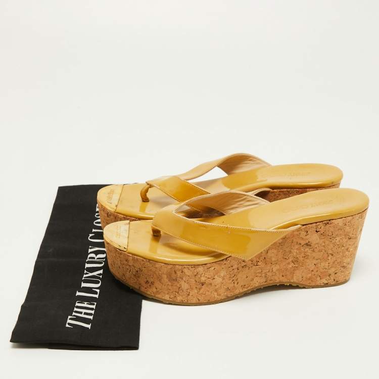 Pre Owned Jimmy Choo Yellow Patent Leather Cork Wedge Thong Sandals Size 35.5