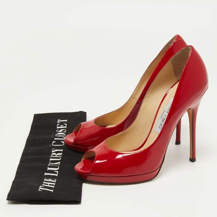 Pre Owned Jimmy Choo Red Patent Leather Luna Pumps Size 38