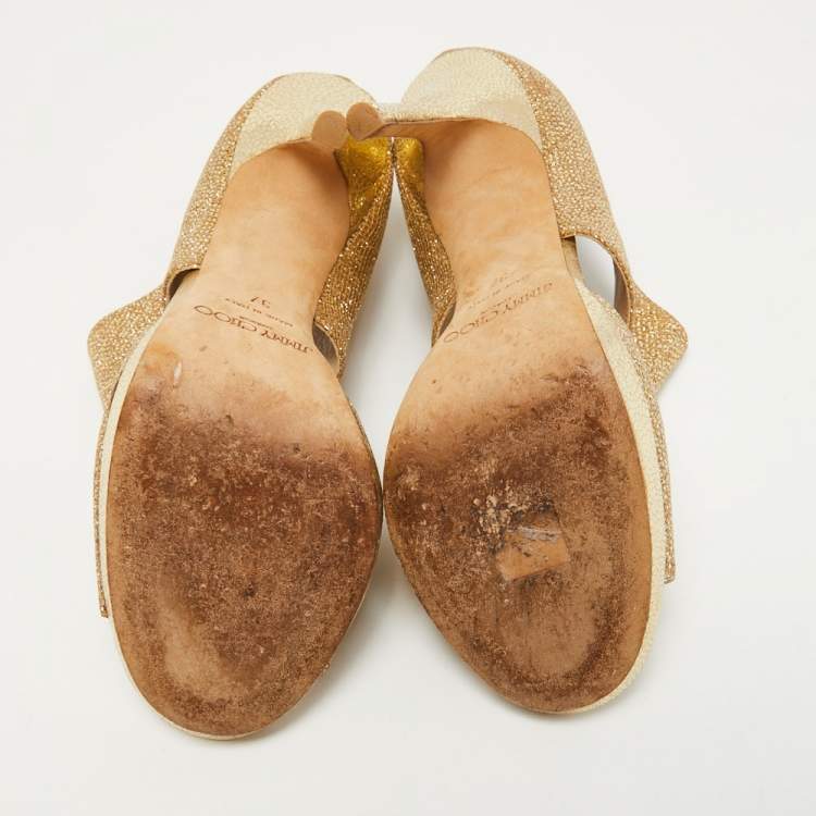 Pre Owned Jimmy Choo Gold Glitter Private Platform Sandals Size 37