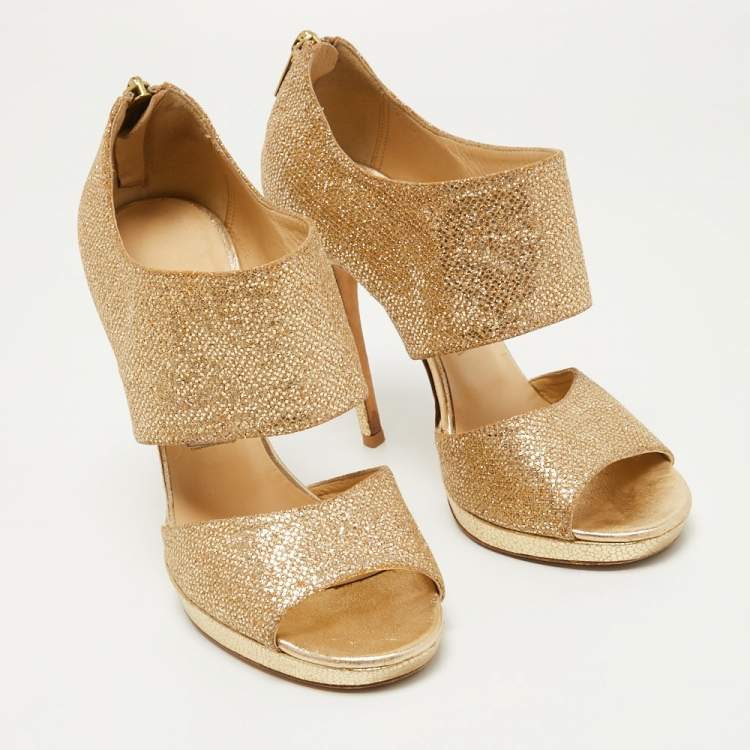 Pre Owned Jimmy Choo Gold Glitter Private Platform Sandals Size 37
