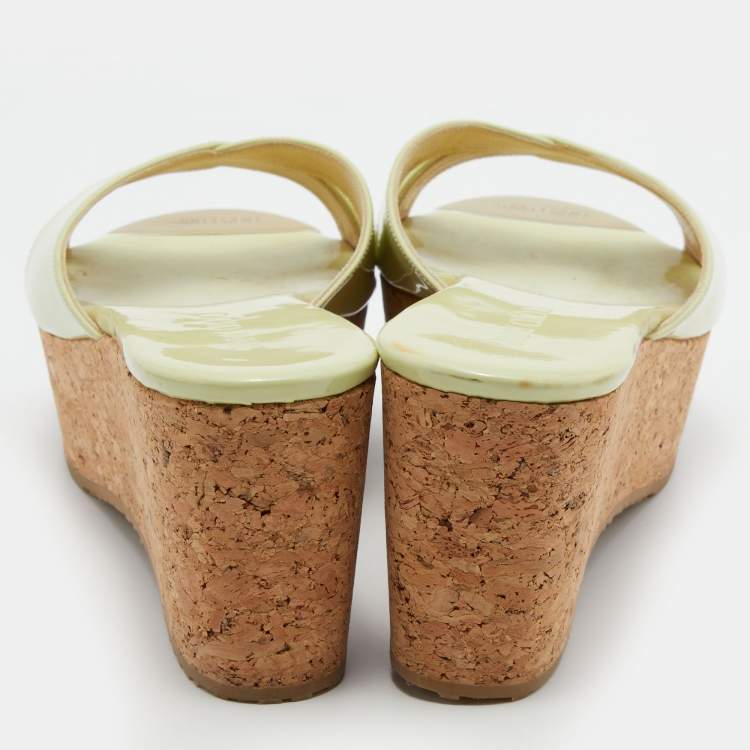 Pre Owned Jimmy Choo Lime Green Patent Leather Cork Prima Platform Wedge Sandals Size 39.5