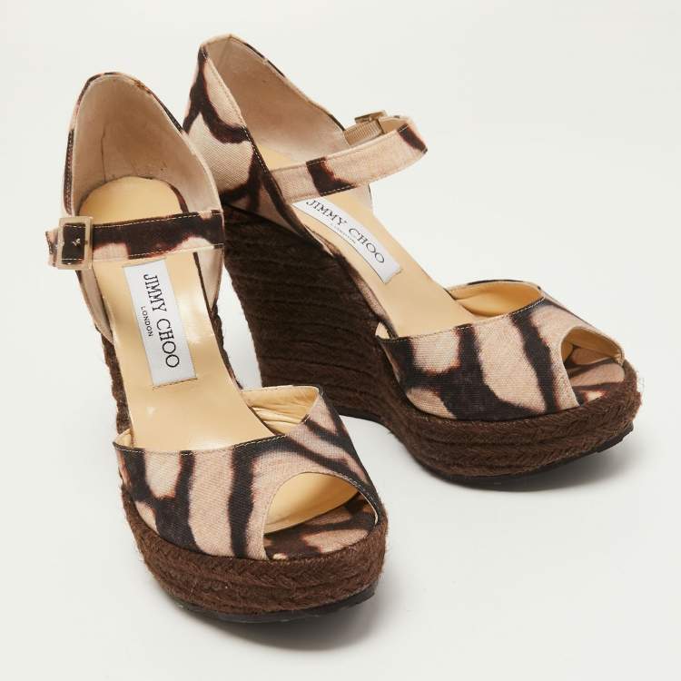 Pre Owned Jimmy Choo Brown Canvas Platform Espadrille Ankle Strap Sandals Size 39