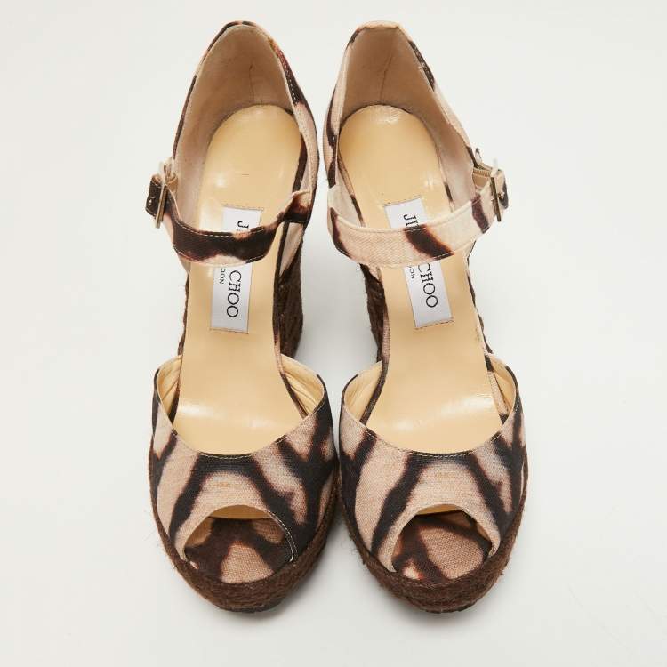 Pre Owned Jimmy Choo Brown Canvas Platform Espadrille Ankle Strap Sandals Size 39