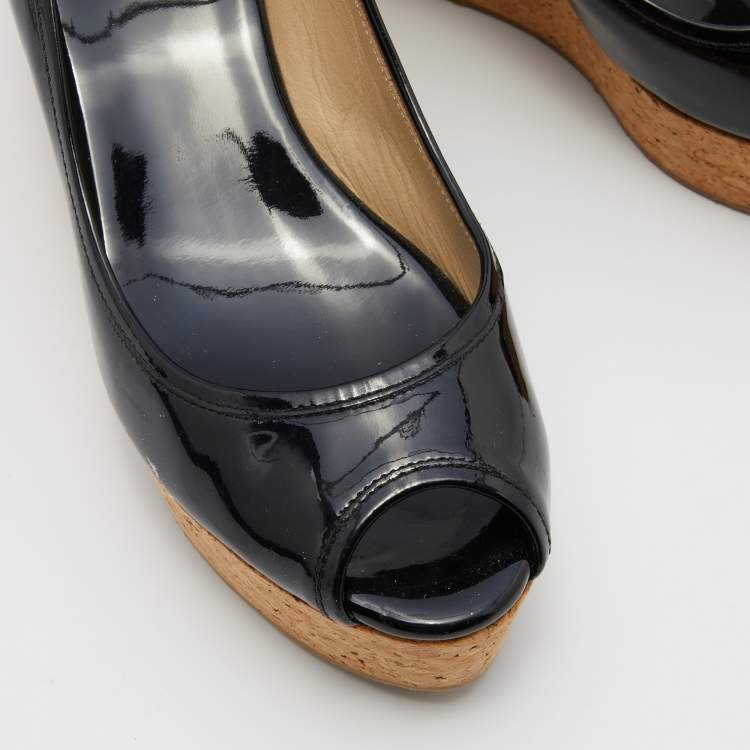 Pre Owned Jimmy Choo Black Patent Leather Parley Peep Toe Cork Platform Wedge Pumps Size 38.5