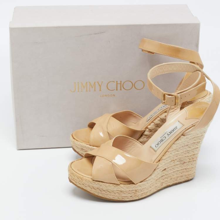Pre Owned Jimmy Choo Beige Patent Leather Pallis Espadrille Wedge Sandals Size 39