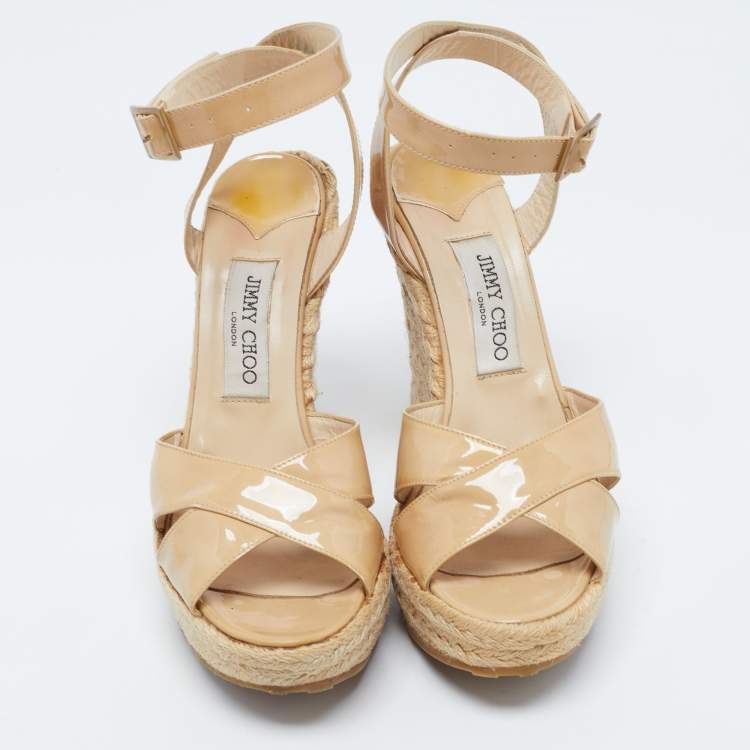 Pre Owned Jimmy Choo Beige Patent Leather Pallis Espadrille Wedge Sandals Size 39