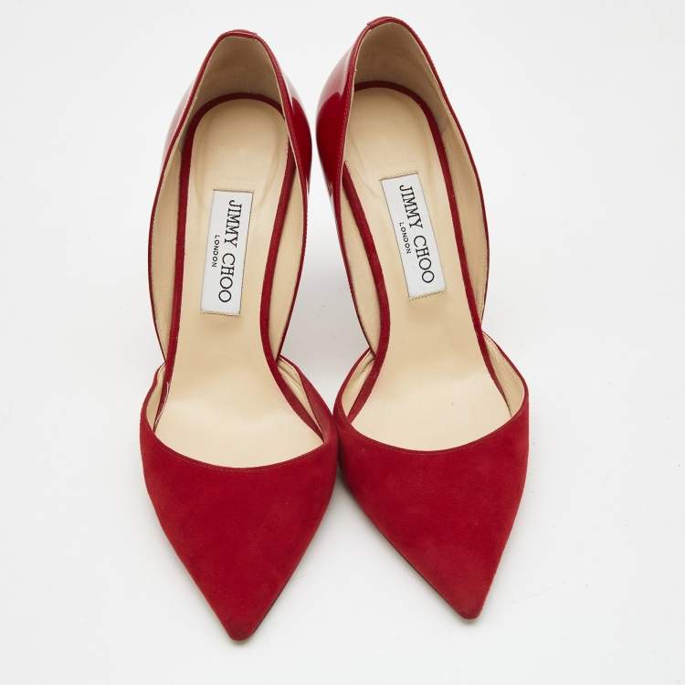مملوكة مسبقًا Jimmy Choo Red Suede and Patent Leather Darylin Pumps Size 38