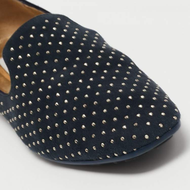 Pre Owned Jimmy Choo Navy Blue Suede Studded Loafers Size 37.5