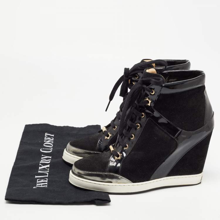 Pre Owned Jimmy Choo Black Suede and Patent Leather Panama Wedge Sneakers Size 39