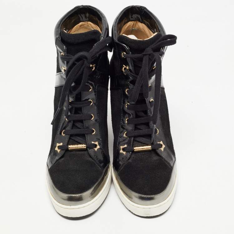 Pre Owned Jimmy Choo Black Suede and Patent Leather Panama Wedge Sneakers Size 39