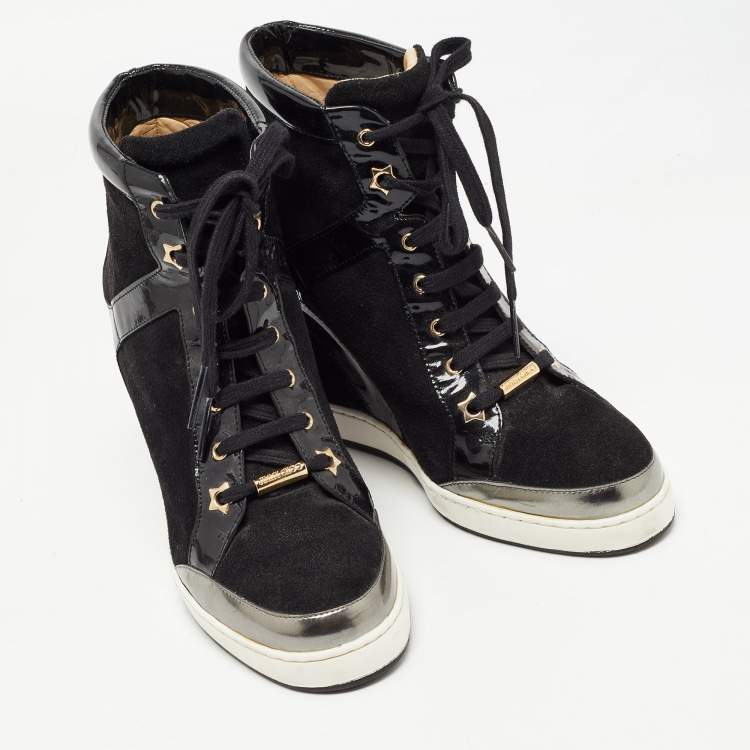 Pre Owned Jimmy Choo Black Suede and Patent Leather Panama Wedge Sneakers Size 39