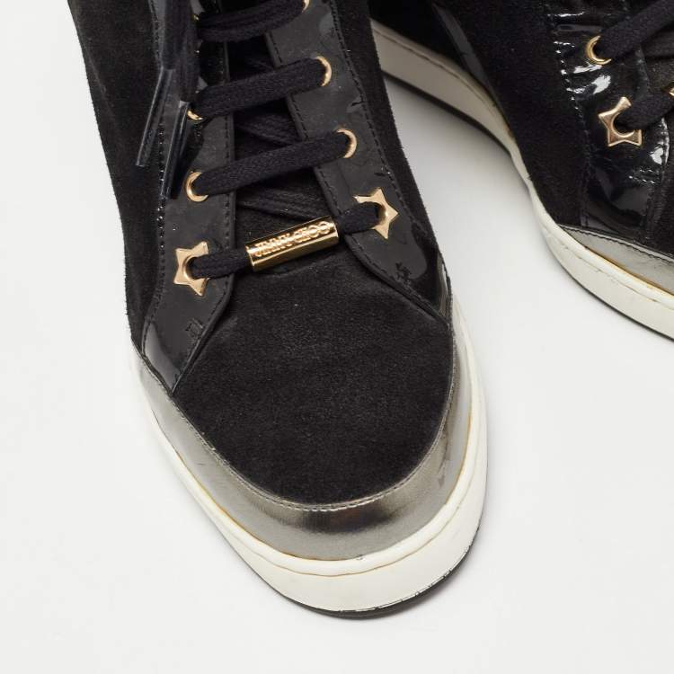 Pre Owned Jimmy Choo Black Suede and Patent Leather Panama Wedge Sneakers Size 39
