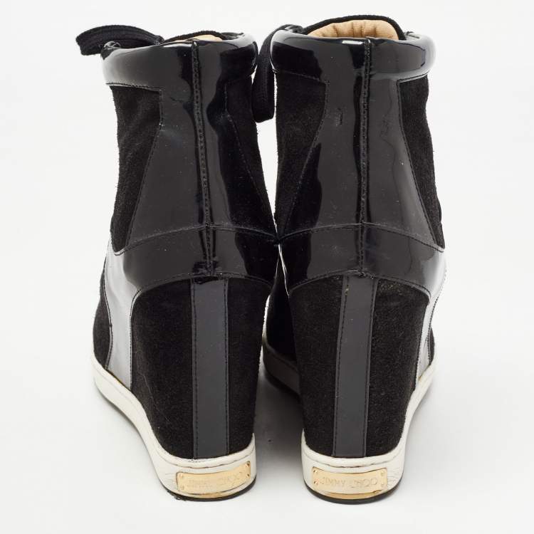 Pre Owned Jimmy Choo Black Suede and Patent Leather Panama Wedge Sneakers Size 39