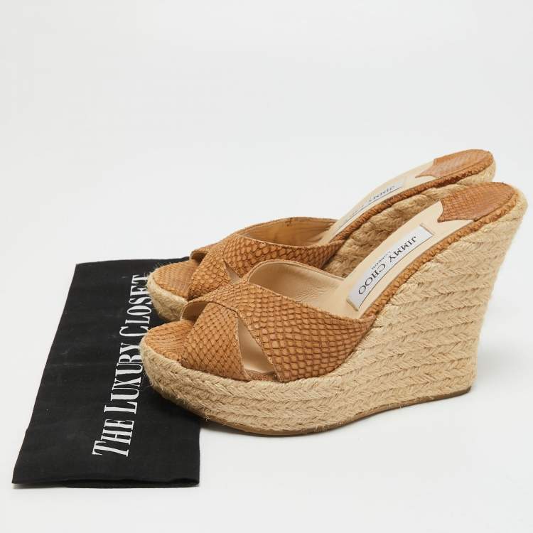 Pre Owned Jimmy Choo Brown Holographic Python Embossed Phyllis Espadrilles Wedges Slides Size 38