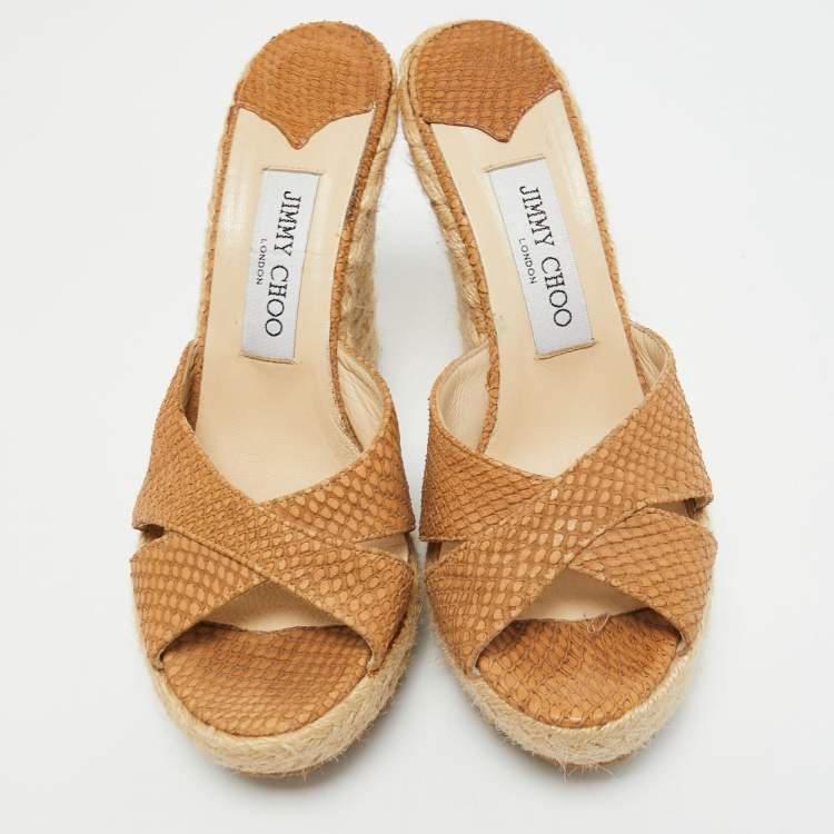 Pre Owned Jimmy Choo Brown Holographic Python Embossed Phyllis Espadrilles Wedges Slides Size 38