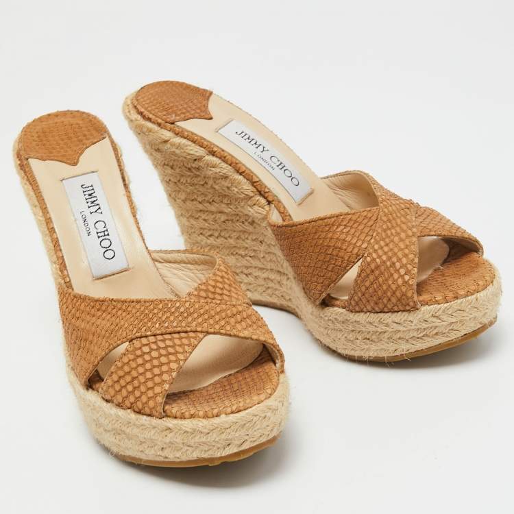 Pre Owned Jimmy Choo Brown Holographic Python Embossed Phyllis Espadrilles Wedges Slides Size 38
