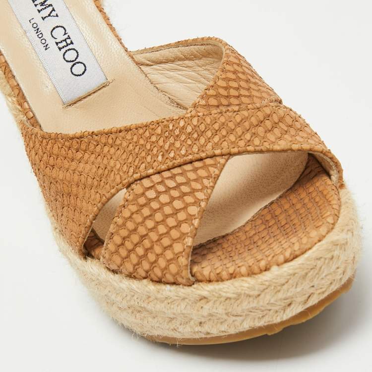 Pre Owned Jimmy Choo Brown Holographic Python Embossed Phyllis Espadrilles Wedges Slides Size 38