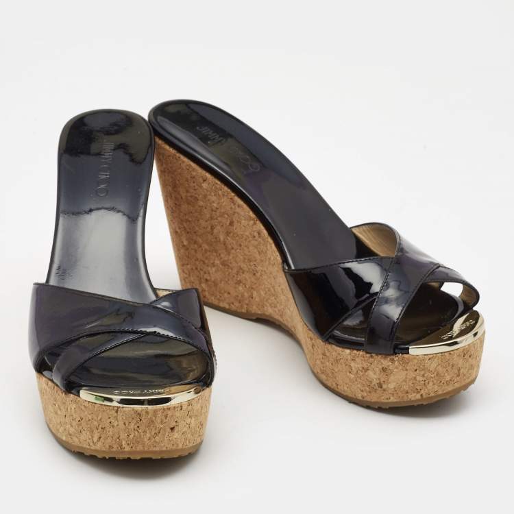 Pre Owned Jimmy Choo Black Patent Leather Prima Cork Wedge Sandals Size 39