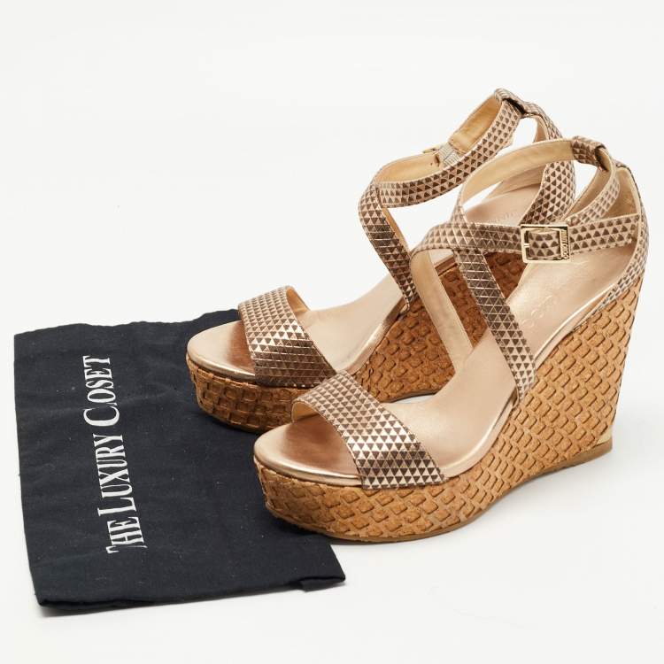 Pre Owned Jimmy Choo Metallic Gold/Brown Leather Wedge Ankle Strap Sandals Size 41