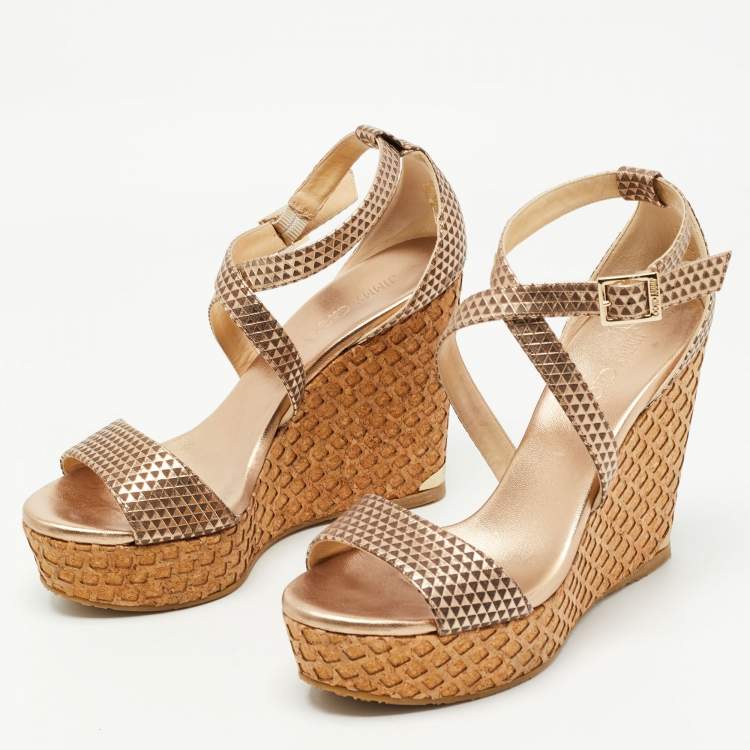 Pre Owned Jimmy Choo Metallic Gold/Brown Leather Wedge Ankle Strap Sandals Size 41
