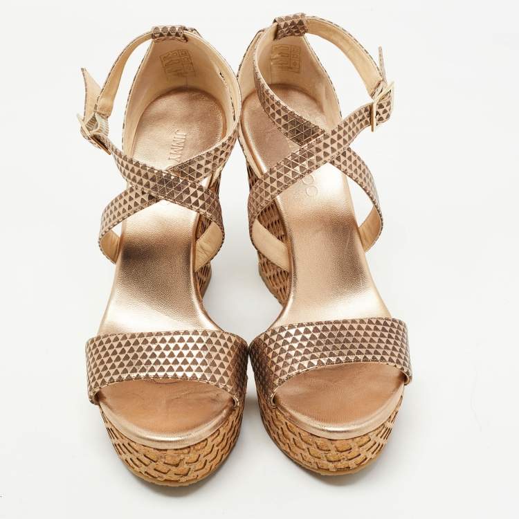 Pre Owned Jimmy Choo Metallic Gold/Brown Leather Wedge Ankle Strap Sandals Size 41