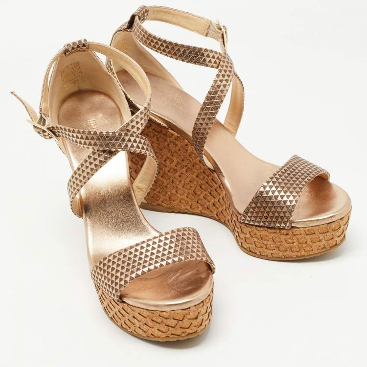 Pre Owned Jimmy Choo Metallic Gold/Brown Leather Wedge Ankle Strap Sandals Size 41