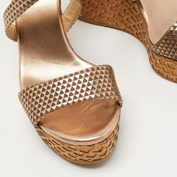 Pre Owned Jimmy Choo Metallic Gold/Brown Leather Wedge Ankle Strap Sandals Size 41