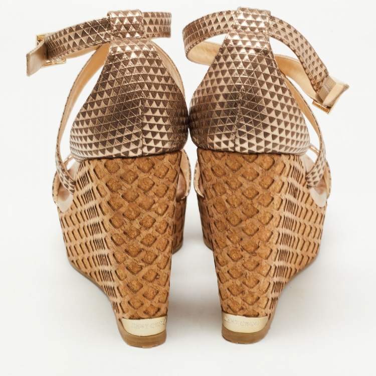 Pre Owned Jimmy Choo Metallic Gold/Brown Leather Wedge Ankle Strap Sandals Size 41