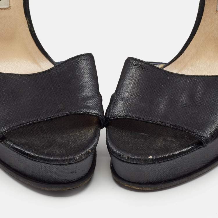 Pre Owned Jimmy Choo Black Canvas Platform Ankle Strap Sandals Size 39