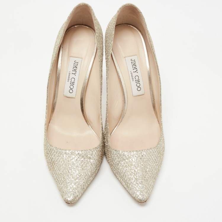 Pre Owned Jimmy Choo Gold Glitter and Leather Romy Pointed Toe Pumps Size 40