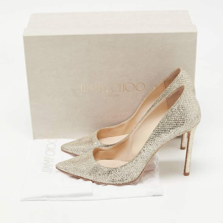 Pre Owned Jimmy Choo Gold Glitter and Leather Romy Pointed Toe Pumps Size 40