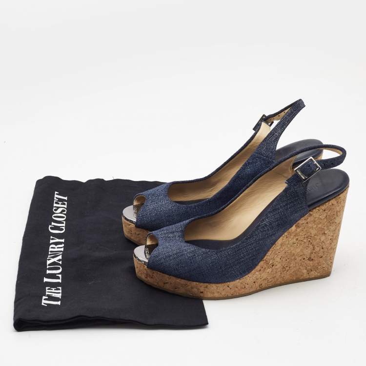 Pre Owned Jimmy Choo Navy Blue Denim Praise Cork Wedge Pumps Size 39.5