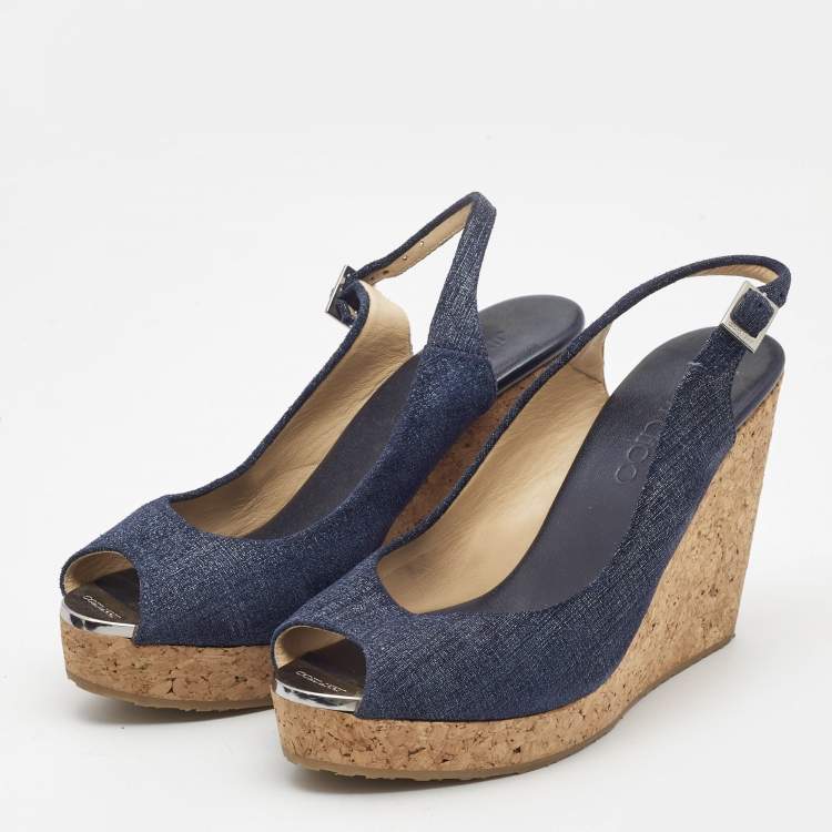 Pre Owned Jimmy Choo Navy Blue Denim Praise Cork Wedge Pumps Size 39.5