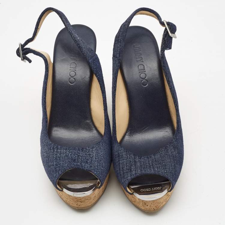 Pre Owned Jimmy Choo Navy Blue Denim Praise Cork Wedge Pumps Size 39.5