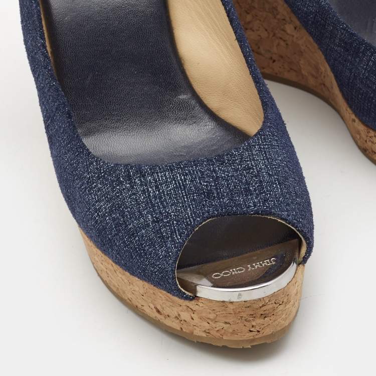 Pre Owned Jimmy Choo Navy Blue Denim Praise Cork Wedge Pumps Size 39.5
