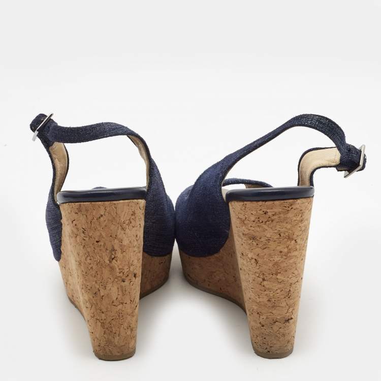Pre Owned Jimmy Choo Navy Blue Denim Praise Cork Wedge Pumps Size 39.5