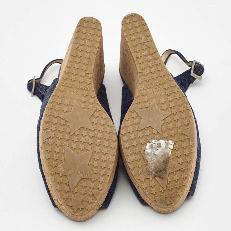 Pre Owned Jimmy Choo Navy Blue Denim Praise Cork Wedge Pumps Size 39.5