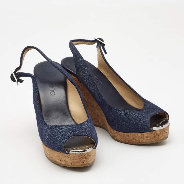 Pre Owned Jimmy Choo Navy Blue Denim Praise Cork Wedge Pumps Size 39.5