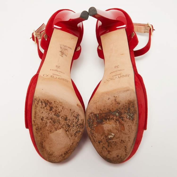 Pre Owned Jimmy Choo Red Suede Platform Ankle Strap Sandals Size 38